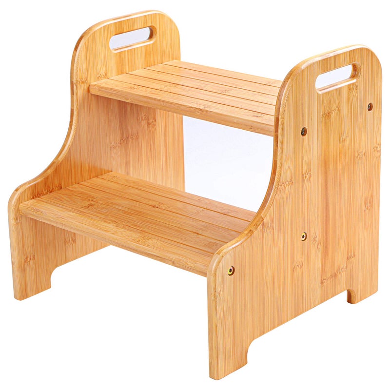 VaeFae Bamboo 2 Step Stool with Non-Slip Step Treads and 2 Cutout Handles - Image 1